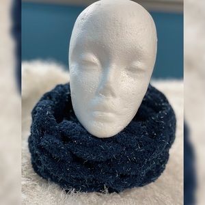 Handmade Hand Crafted Arm Knit Blanket Infinity Scarf Sparkly Dark Blue
